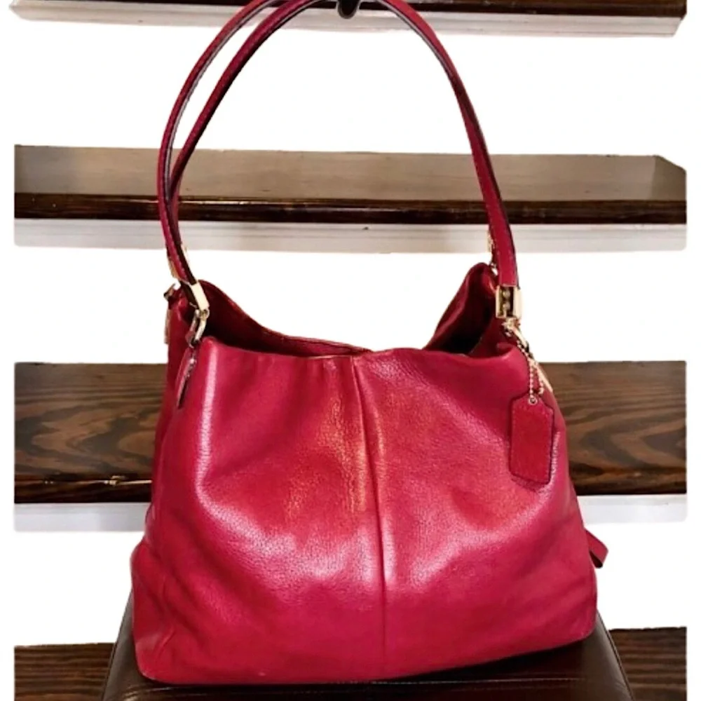 COACH Madison Phoebe Tumbled Red Leather Copper Lining 3 Section Shoulder Bag